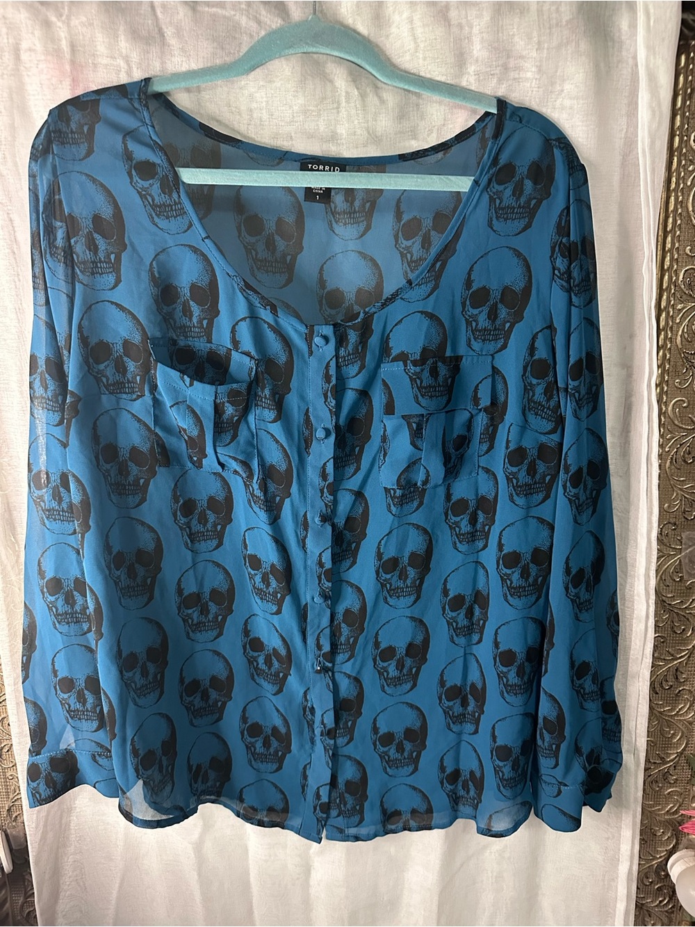 torrid Teal Blue Skull Button-Front Blouse